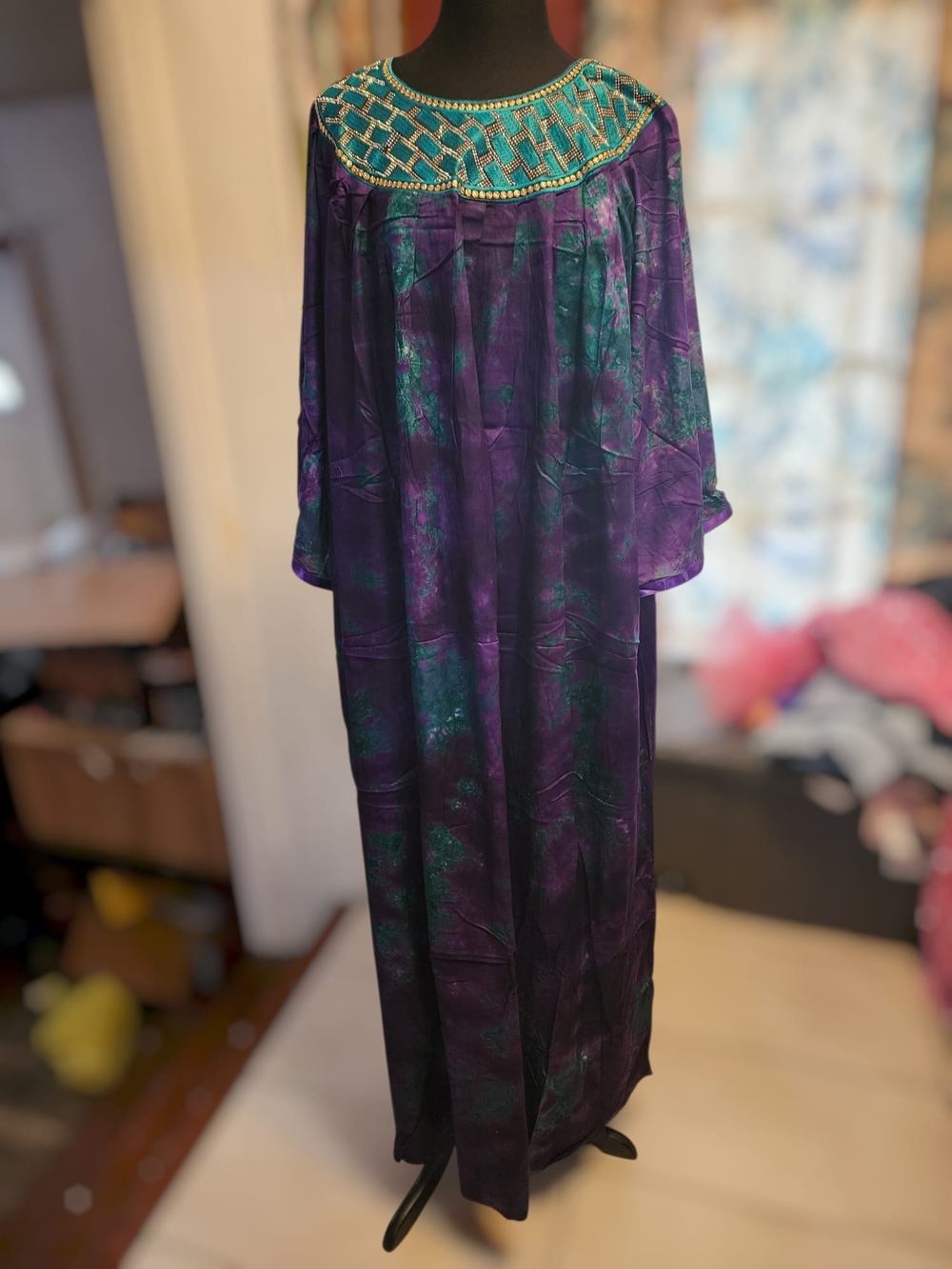 Purple & Teal Embroidered Neck Caftan - Unbranded